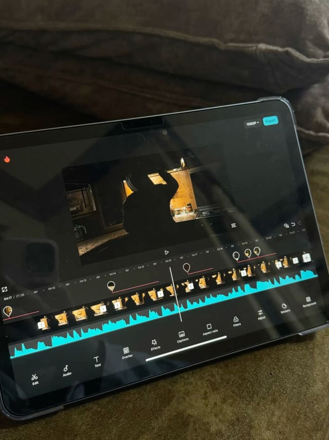 A video edit and audio timeline displayed on a tablet